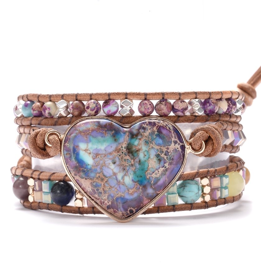Natural Gemstone Beaded Purple Impression Jasper Heart Geode | Wrap Bracelet - Egret Jewellery