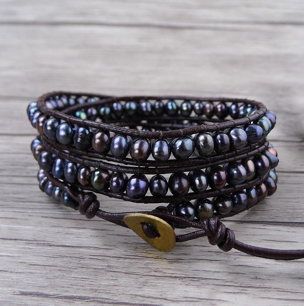 Freshwater Dark Purple Pearl Leather Beaded Wrap Bracelet - Egret Jewellery