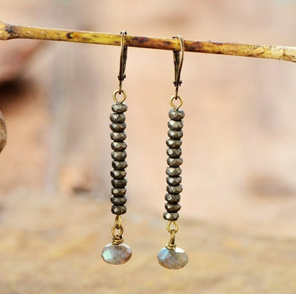 Natural Gemstone Pyrite | Labradorite Bronze Dangle Drop Earrings Boho Gold - Egret Jewellery