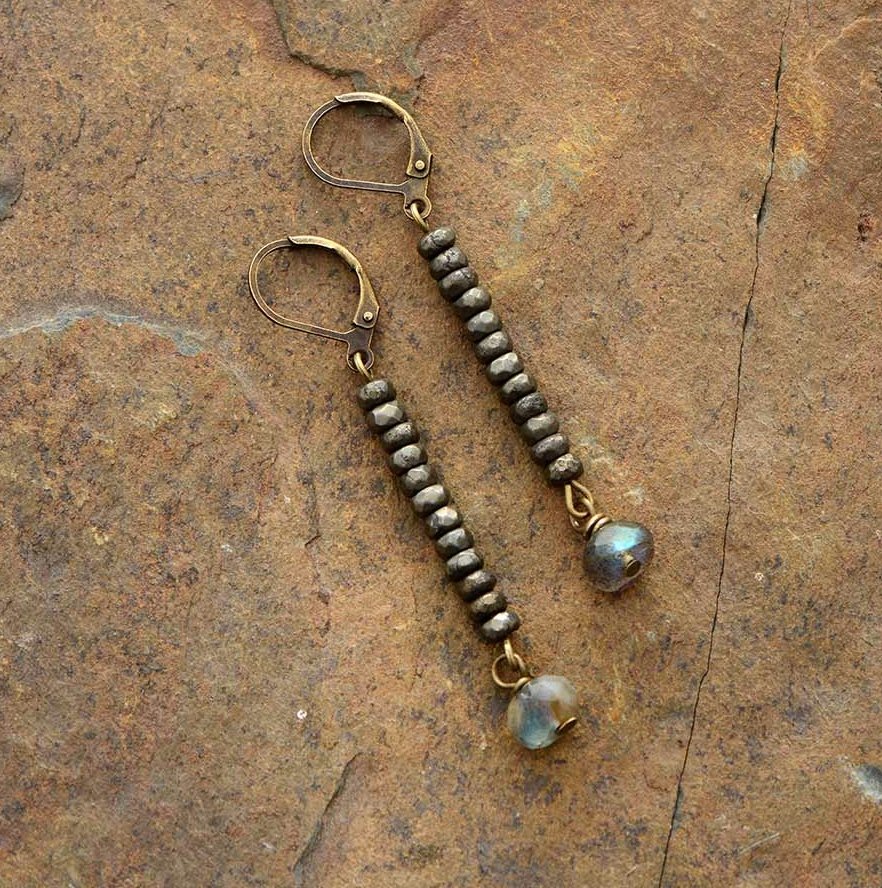 Natural Gemstone Pyrite | Labradorite Bronze Dangle Drop Earrings Boho Gold - Egret Jewellery