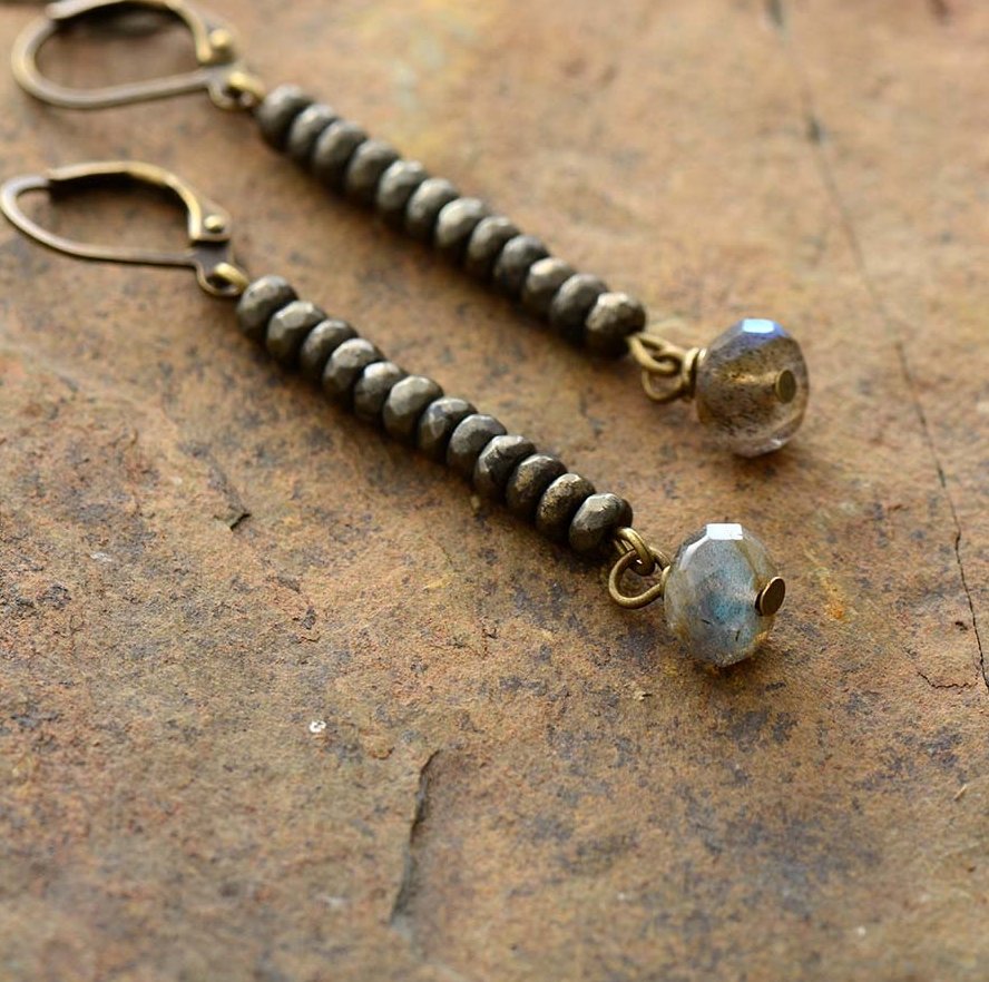 Natural Gemstone Pyrite | Labradorite Bronze Dangle Drop Earrings Boho Gold - Egret Jewellery