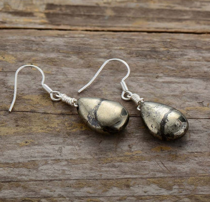 Natural Gemstone Pyrite Teardrop Silver Dangle Drop Earrings Boho Gold - Egret Jewellery