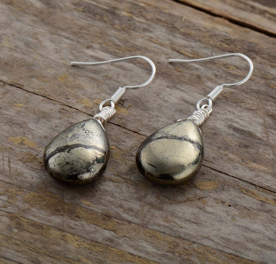Natural Gemstone Pyrite Teardrop Silver Dangle Drop Earrings Boho Gold - Egret Jewellery