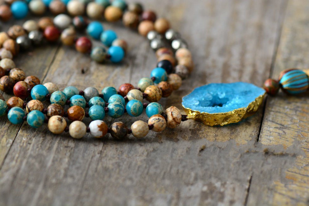Boho Mala Beaded Pyrite & Turquoise  Geode Tassel Necklace - Egret Jewellery