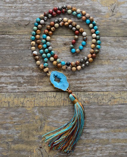 Boho Mala Beaded Pyrite & Turquoise  Geode Tassel Necklace - Egret Jewellery