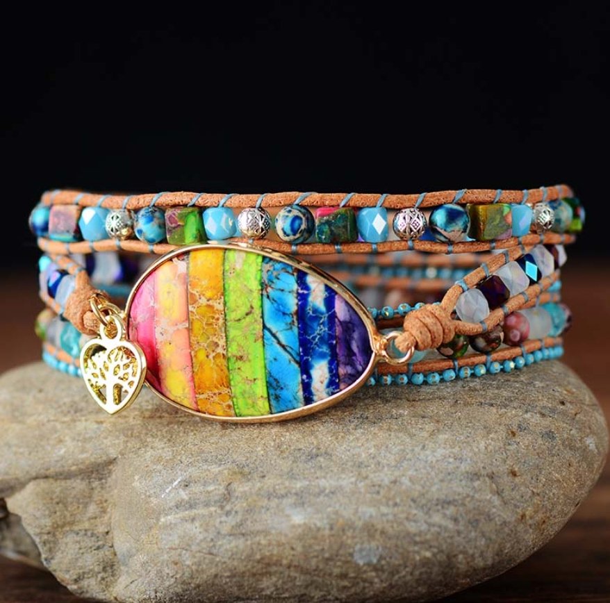 Natural Gemstone Beaded Rainbow Jasper Geode | Wrap Bracelet Tree of Life Charm - Egret Jewellery