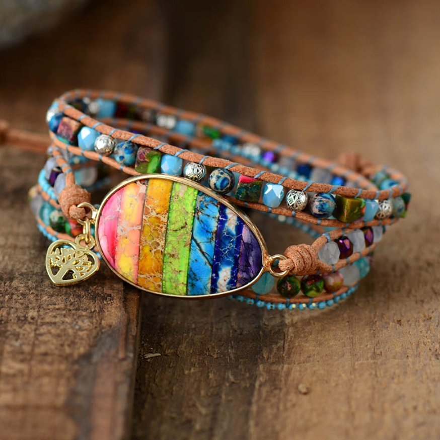 Natural Gemstone Beaded Rainbow Jasper Geode | Wrap Bracelet Tree of Life Charm - Egret Jewellery