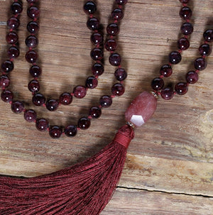 Natural Gemstone Red Garnet Beaded Tassel Mala Necklace Geode Chakra - Egret Jewellery