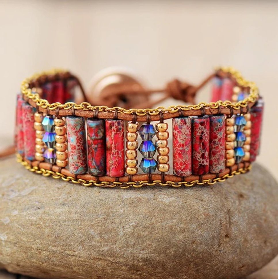 Natural Beaded Oblong Red Impression Jasper Wrap | Cuff Cord Bracelet Gold Chain - Egret Jewellery
