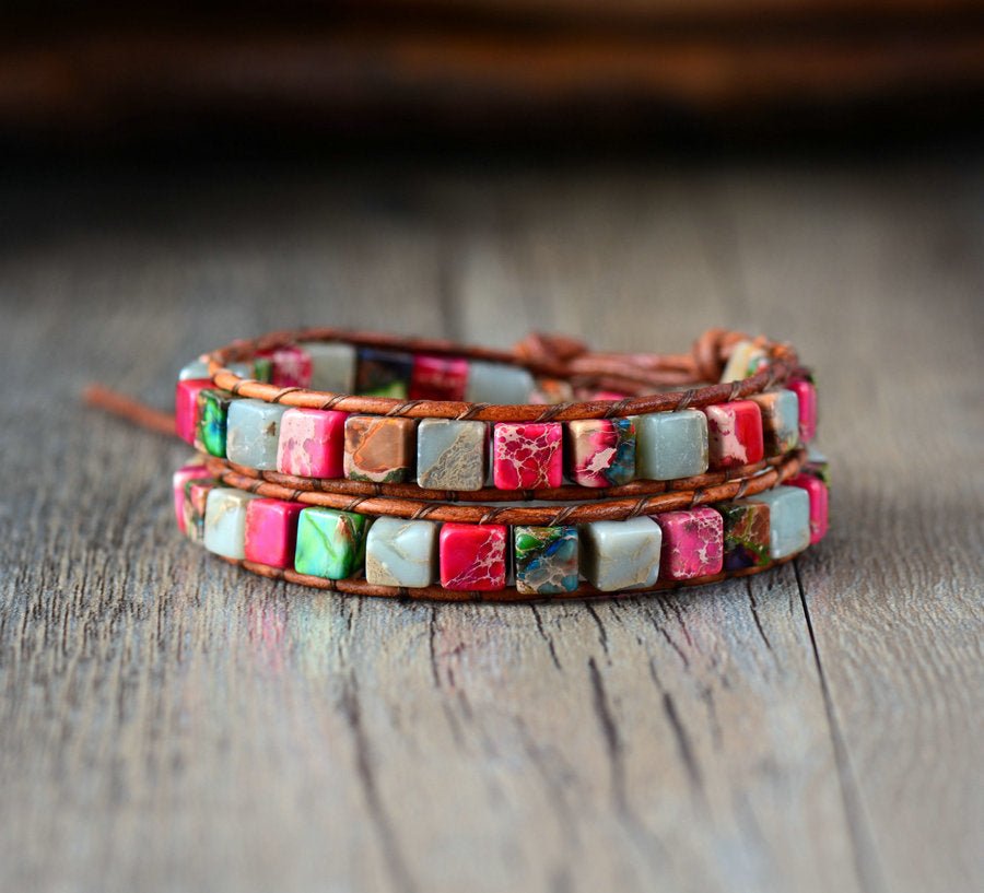 Leather Beaded Red Jasper & Agate Friendship Wrap Bracelet - Egret Jewellery