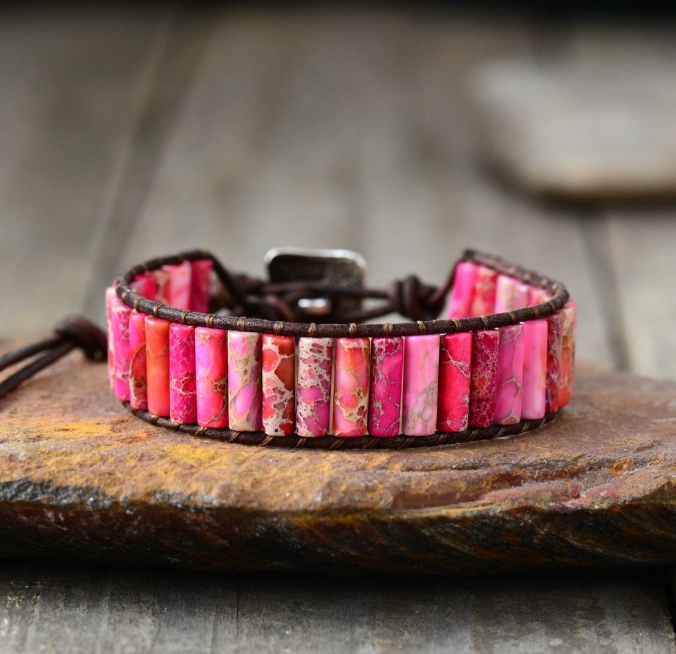 Natural Red Jasper Oblong Beaded Wrap | Cuff Bracelet - Egret Jewellery