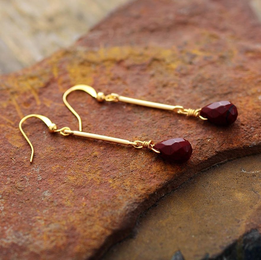 Natural Gemstone Red Jasper Long Gold Dangle Drop Hook Earrings - Egret Jewellery