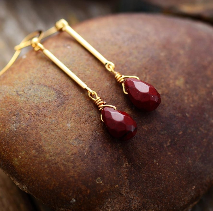 Natural Gemstone Red Jasper Long Gold Dangle Drop Hook Earrings - Egret Jewellery
