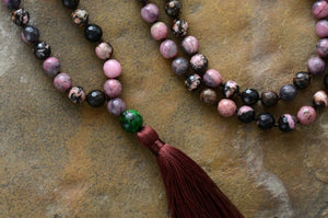 Long Beaded Mala Tassel Necklace Rhodonite - Egret Jewellery