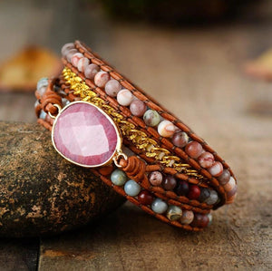 Natural Gemstone Rhodonite | Jasper Geode Beaded Leather Pink Wrap Bracelet - Egret Jewellery