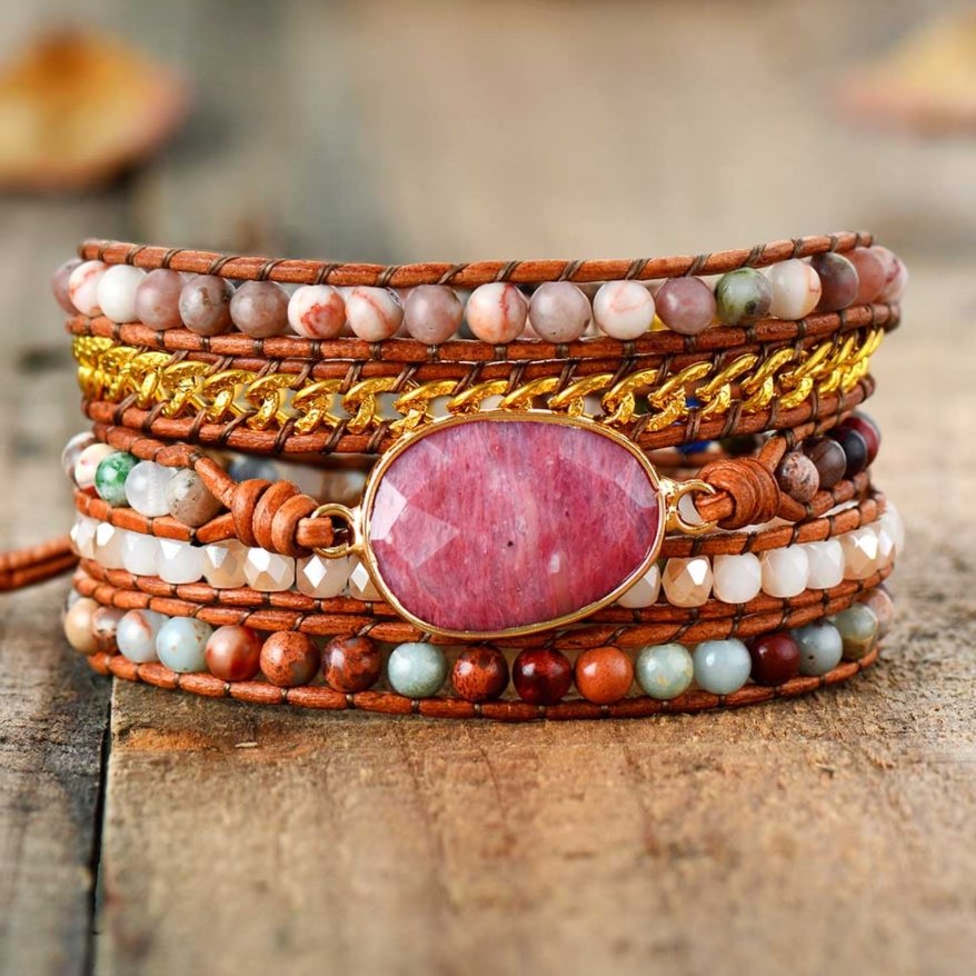 Natural Jasper Semi-Precious Stone Leather Wrap Bracelet