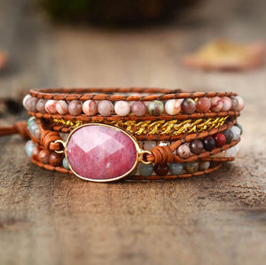 Natural Gemstone Rhodonite | Jasper Geode Beaded Leather Pink Wrap Bracelet - Egret Jewellery
