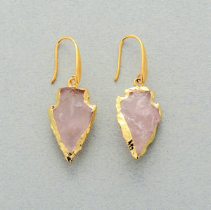 Natural Rough Rose Quartz Gold Arrowhead Boho Druzy Geode Earrings - Egret Jewellery