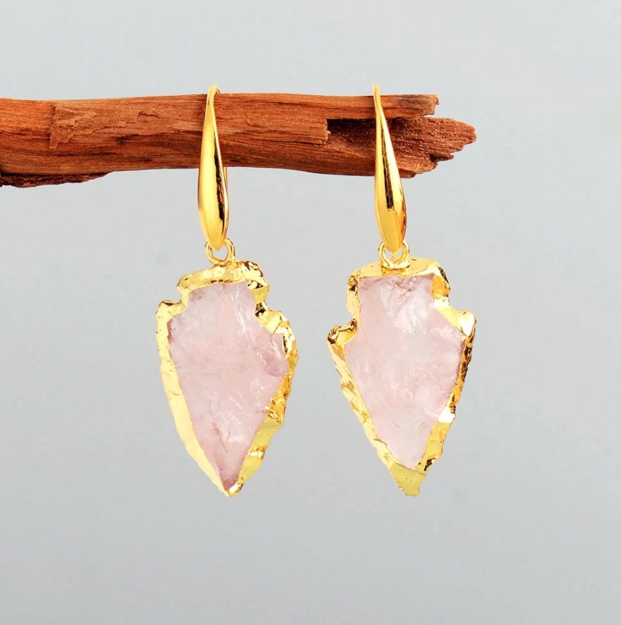Natural Rough Rose Quartz Gold Arrowhead Boho Druzy Geode Earrings - Egret Jewellery