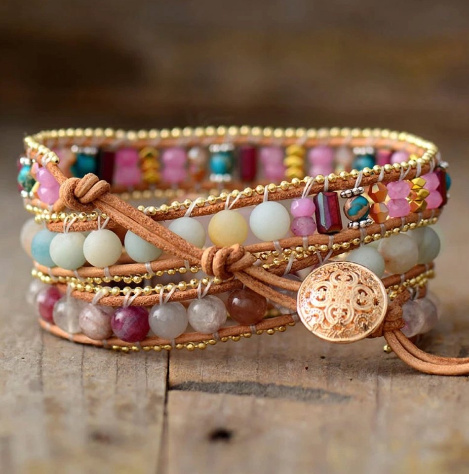 Rose Quartz Gold Heart Geode Wrap Bracelet - Egret Jewellery