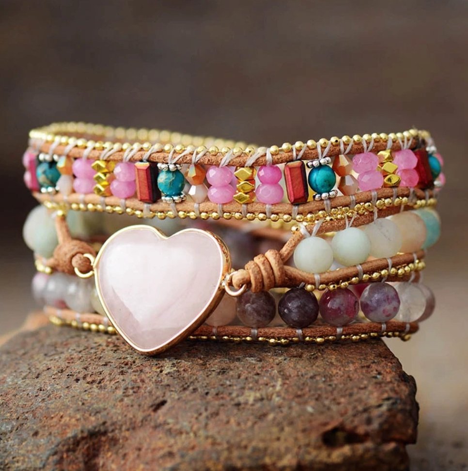 Rose Quartz Gold Heart Geode Wrap Bracelet - Egret Jewellery