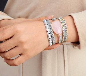 Natural Rose Quartz | Howlite | Labradorite Geode Beaded Pink Wrap Bracelet - Egret Jewellery