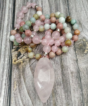 Natural Beaded Pink Rose Quartz Point | Jasper | Amazonite Geode Mala Necklace - Egret Jewellery