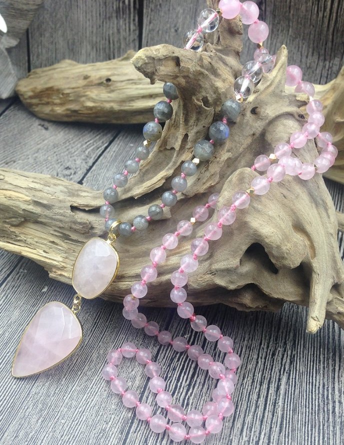 Natural Beaded Pink Rose Quartz Arrowhead Mala Geode Labradorite Heart Necklace - Egret Jewellery