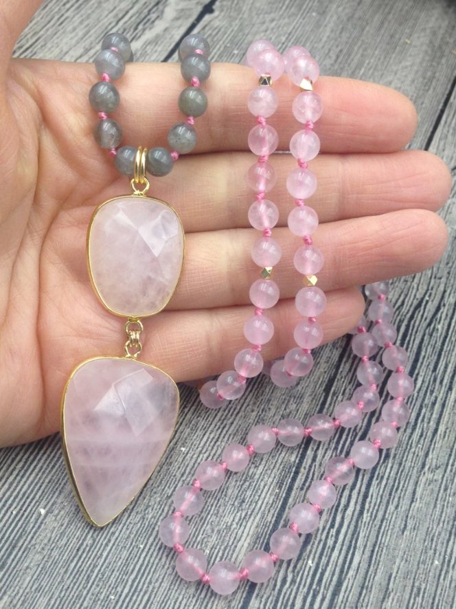 Natural Beaded Pink Rose Quartz Arrowhead Mala Geode Labradorite Heart Necklace - Egret Jewellery
