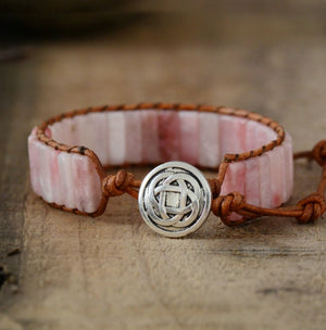 Natural Rose Quartz Leather Oblong Cuff Wrap Bracelet - Egret Jewellery
