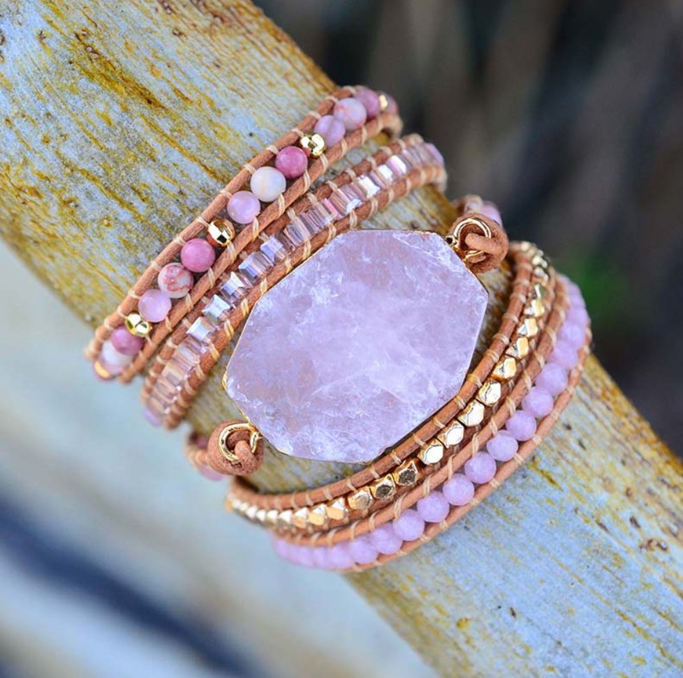 Natural Stone Rose Quartz | Rhodonite Geode Beaded Leather Pink Wrap Bracelet - Egret Jewellery