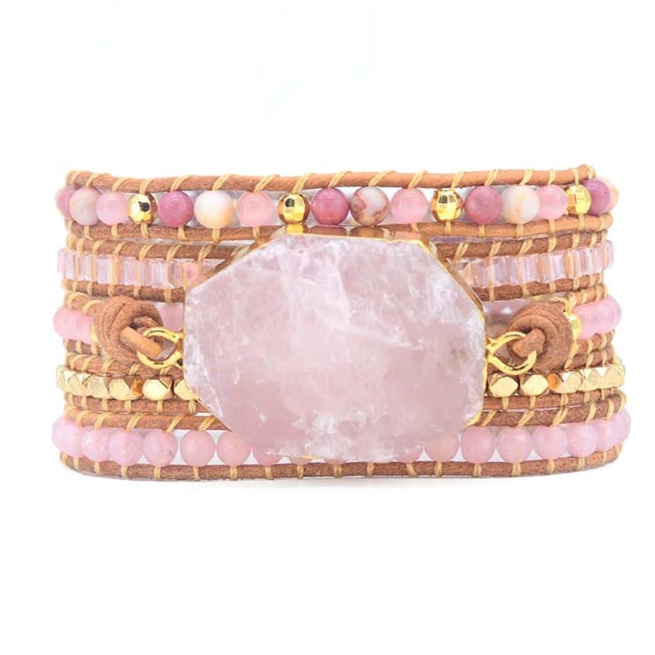 Natural Stone Rose Quartz | Rhodonite Geode Beaded Leather Pink Wrap Bracelet - Egret Jewellery