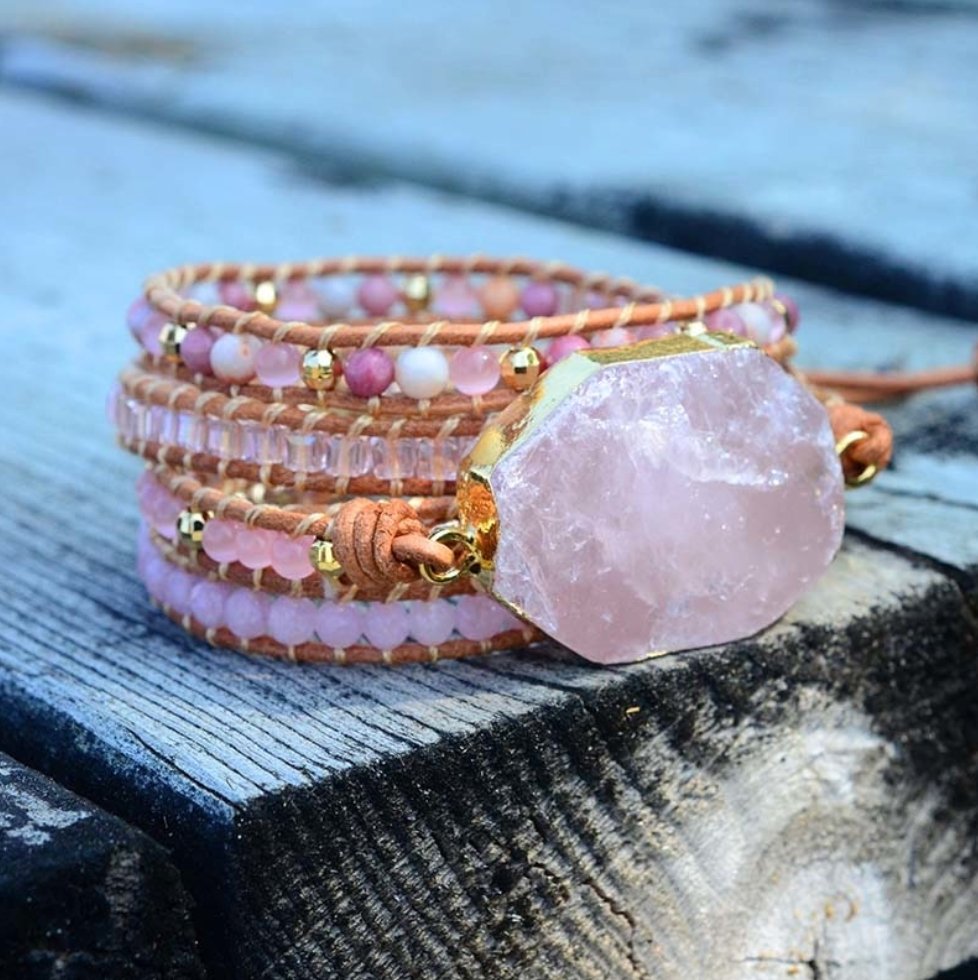 Natural Stone Rose Quartz | Rhodonite Geode Beaded Leather Pink Wrap Bracelet - Egret Jewellery