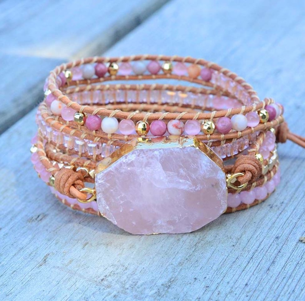 Natural Stone Rose Quartz | Rhodonite Geode Beaded Leather Pink Wrap Bracelet - Egret Jewellery