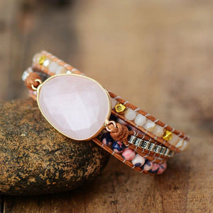 Natural Rose Quartz | Rhodonite Gold Geode Beaded Pink Leather Wrap Bracelet - Egret Jewellery
