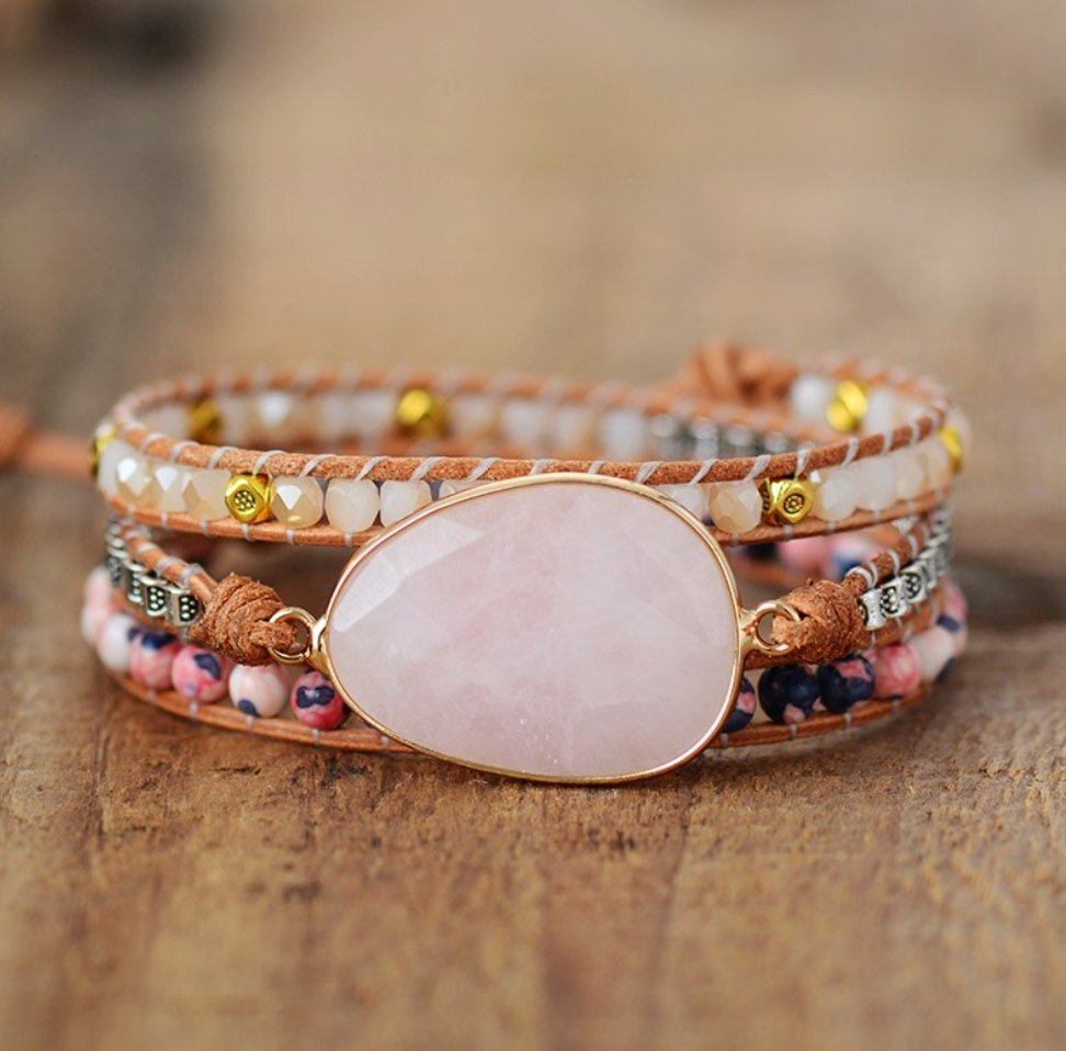 Natural Rose Quartz | Rhodonite Gold Geode Beaded Pink Leather Wrap Bracelet - Egret Jewellery