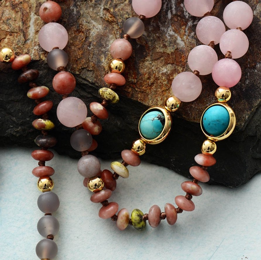 Natural Beaded Pink Rose Quartz Arrowhead Mala Geode Turquoise Necklace - Egret Jewellery