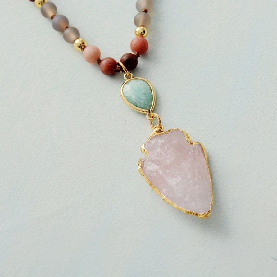 Natural Beaded Pink Rose Quartz Arrowhead Mala Geode Turquoise Necklace - Egret Jewellery