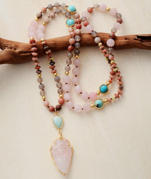 Natural Beaded Pink Rose Quartz Arrowhead Mala Geode Turquoise Necklace - Egret Jewellery
