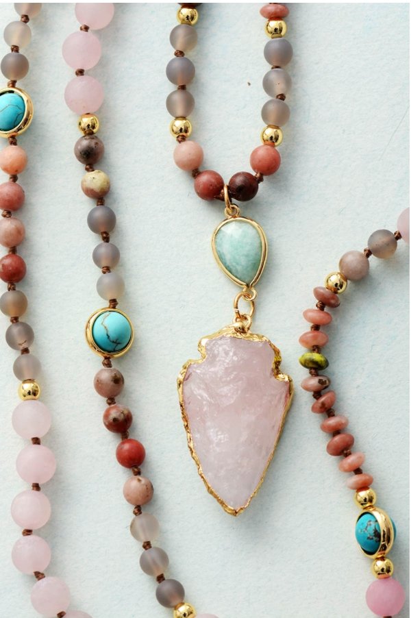 Natural Beaded Pink Rose Quartz Arrowhead Mala Geode Turquoise Necklace - Egret Jewellery