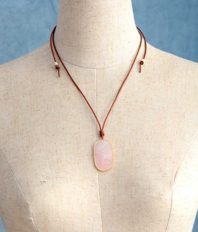 Boho Natural Gemstone Rose Quartz Stone Women's Lariat Gold Leather Necklace - Egret Jewellery