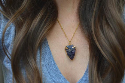 Gold Boho Natural Rough Druzy Arrowhead Amethyst Geode Necklace - Egret Jewellery