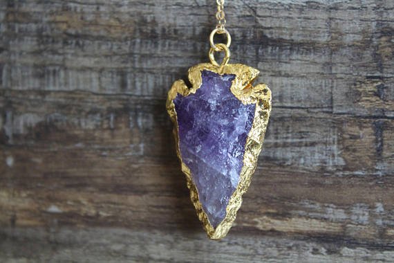 Gold Boho Natural Rough Druzy Arrowhead Amethyst Geode Necklace - Egret Jewellery