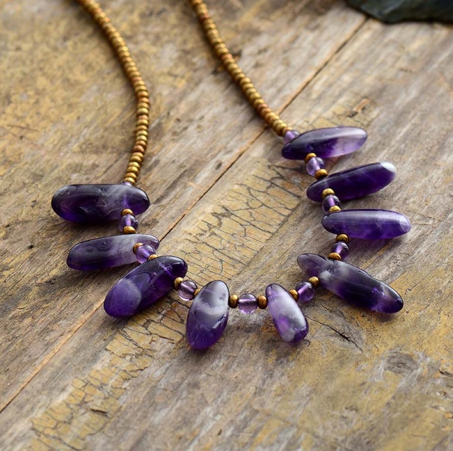 Natural Gemstone Amethyst Beaded Seed Beads Purple Rough Necklace Choker Gold - Egret Jewellery