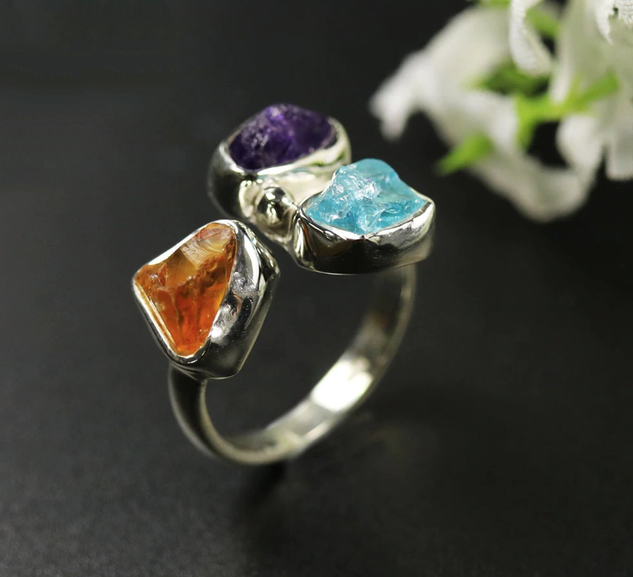 Natural Rough Gemstone Sterling Silver Citrine | Amethyst Ring Size M 7 - Egret Jewellery