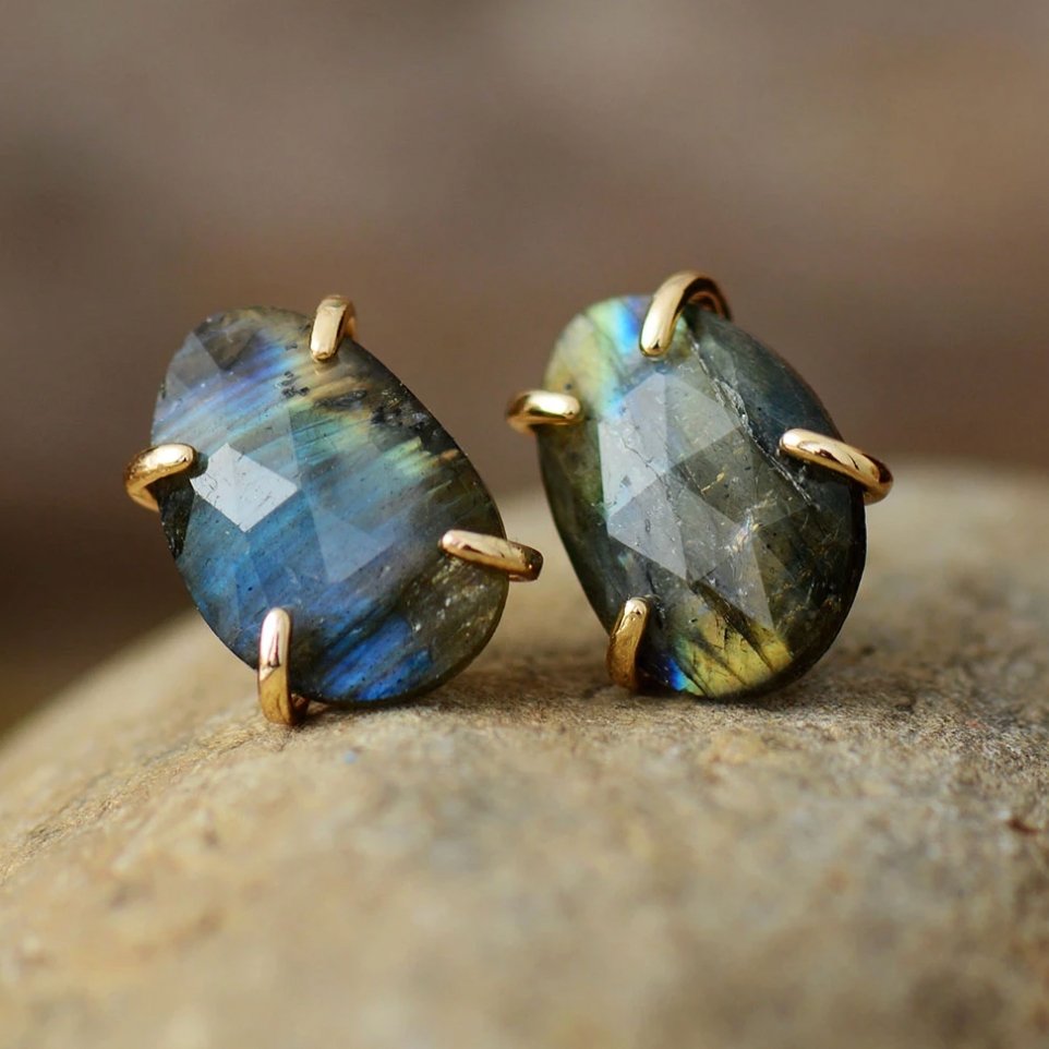 Natural Gemstone Rough Labradorite Gold Stud Boho Round Earrings - Egret Jewellery