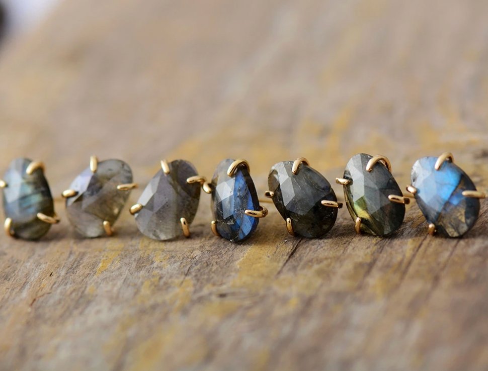 Natural Gemstone Rough Labradorite Gold Stud Boho Round Earrings - Egret Jewellery