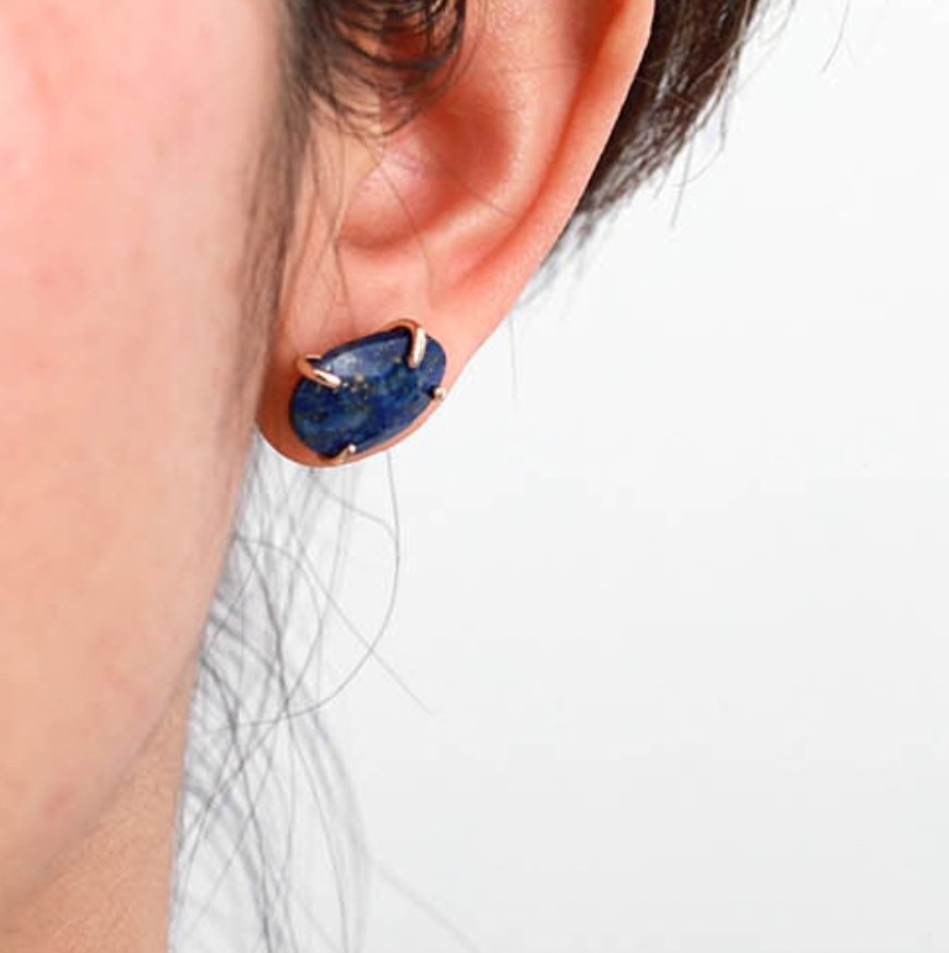 Natural Gemstone Rough Lapis Lazuli Gold Stud Boho Round Earrings - Egret Jewellery