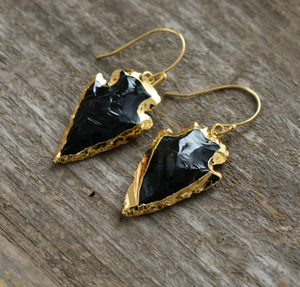 Natural Rough Onyx Gold Boho Arrowhead Earrings - Egret Jewellery