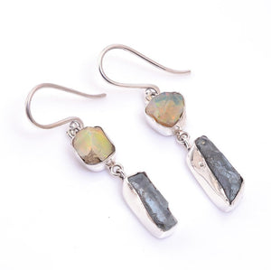Natural Gemstone Rough Opal | Aquamarine Sterling Silver Dangle Drop Earrings - Egret Jewellery